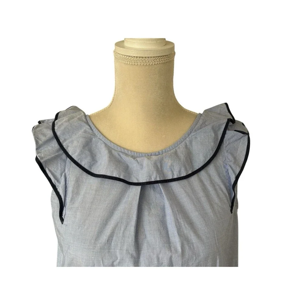 J. Crew Pleated Ruffle Cap Sleeve Top Women's Sz 4 Chambray BlueTrim Square Back